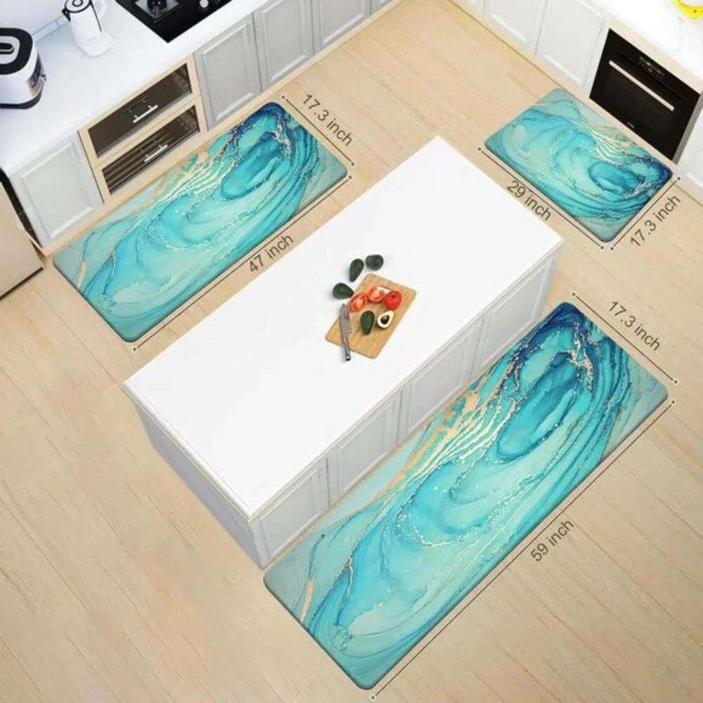 New Set of 2 Teal Marble Kitchen Mat, Anti-Fatigue, Non-Slip, Cushioned Foam
